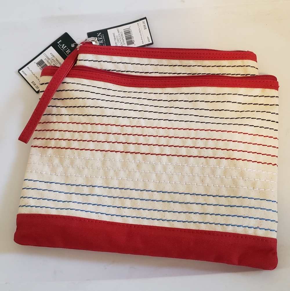 Ralph Lauren Striped Canvas Double Pouch - Red & Cream